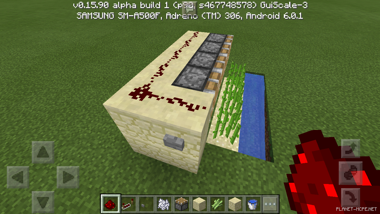 Редстоун для простой фермы тростника в Minecraft PE 1.26