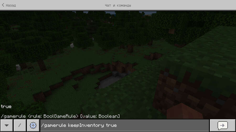 Команда /gamerule keepInventory true в чате Minecraft PE