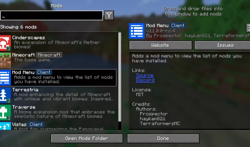 Screenshot of the Mods screen, showing a list of a few mods on the left side below a search bar and filters button, where Mod Menu is selected. On the right side of the screen, it shows more details about the mod, such as authors, a description, links, credits, and a button to configure the mod.