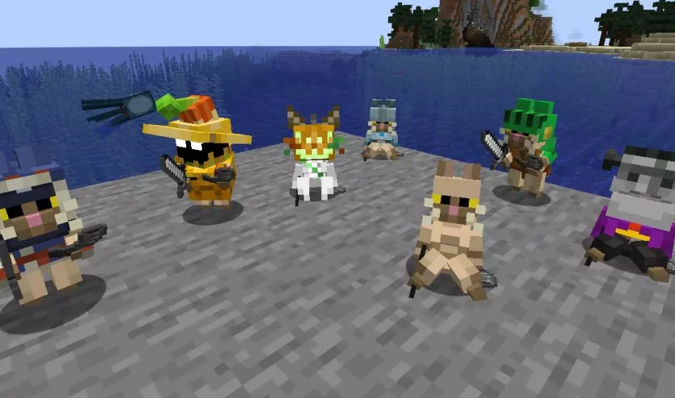 A vibrant display of various Palicos adorned in diverse armor sets including Kamura and Acorn designs, along with Frankenstein and Ghost themes.