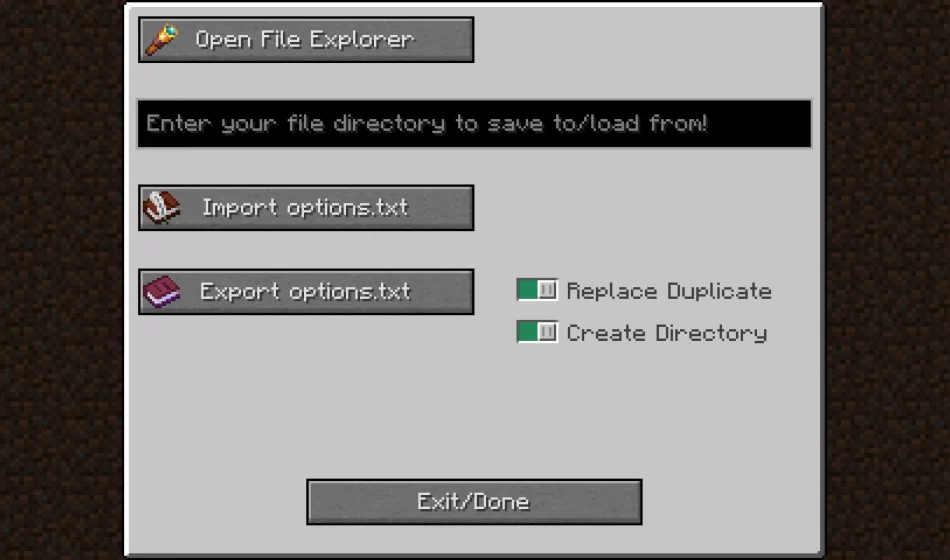 Image showing a Minecraft menu with a prominent gray box, filled with buttons, sliders, and text fields, featuring small icons of Minecraft items.