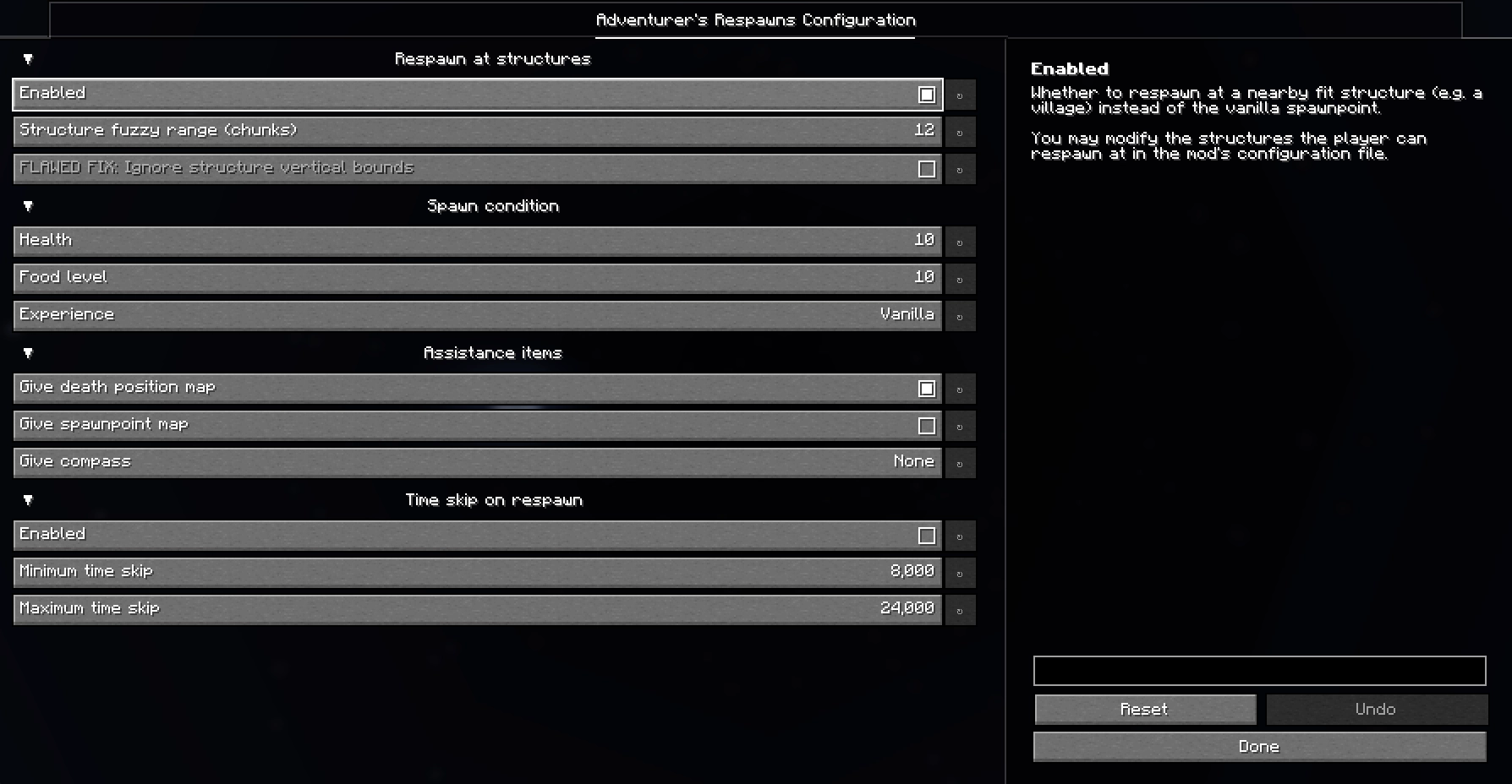 Screenshot of the mod's configuration GUI, showing options of the mod