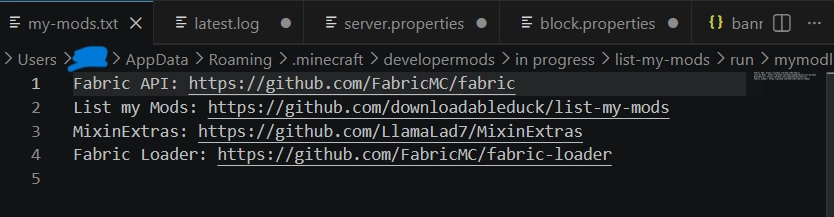 /listmymods file