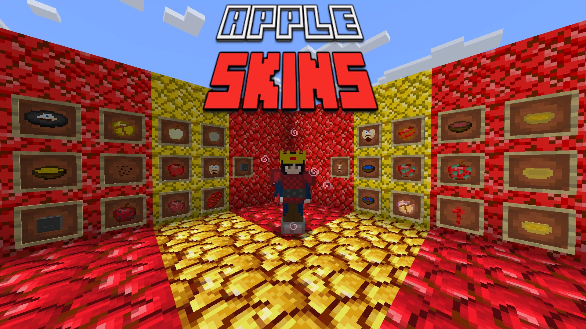 Visual representation of various items included in the Apple Skins mod with the caption 'apple skins' above