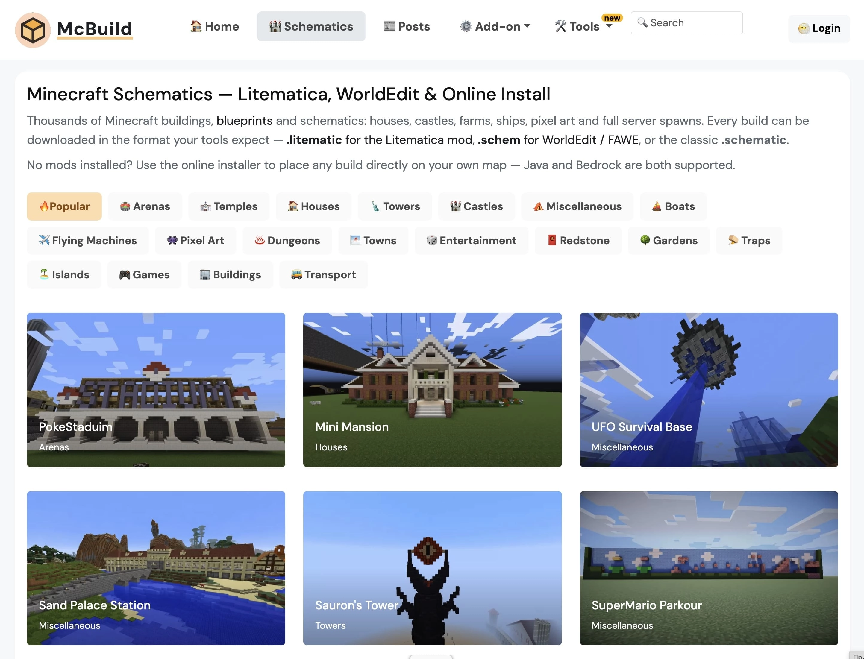 Каталог схематик Minecraft із категоріями: арени, храми, будинки, вежі, замки, редстоун